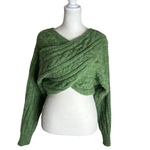 Zara Cable Knit Cropped Scarf Sweater In Green - Picture 8 of 16